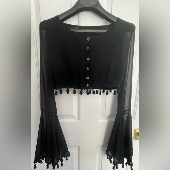 🎉HP🎉 Rare Vintage Dolce & Gabbana Sheer Black Top w/Tassels & Bell Sleeves IT 42 - Picture 4 of 13